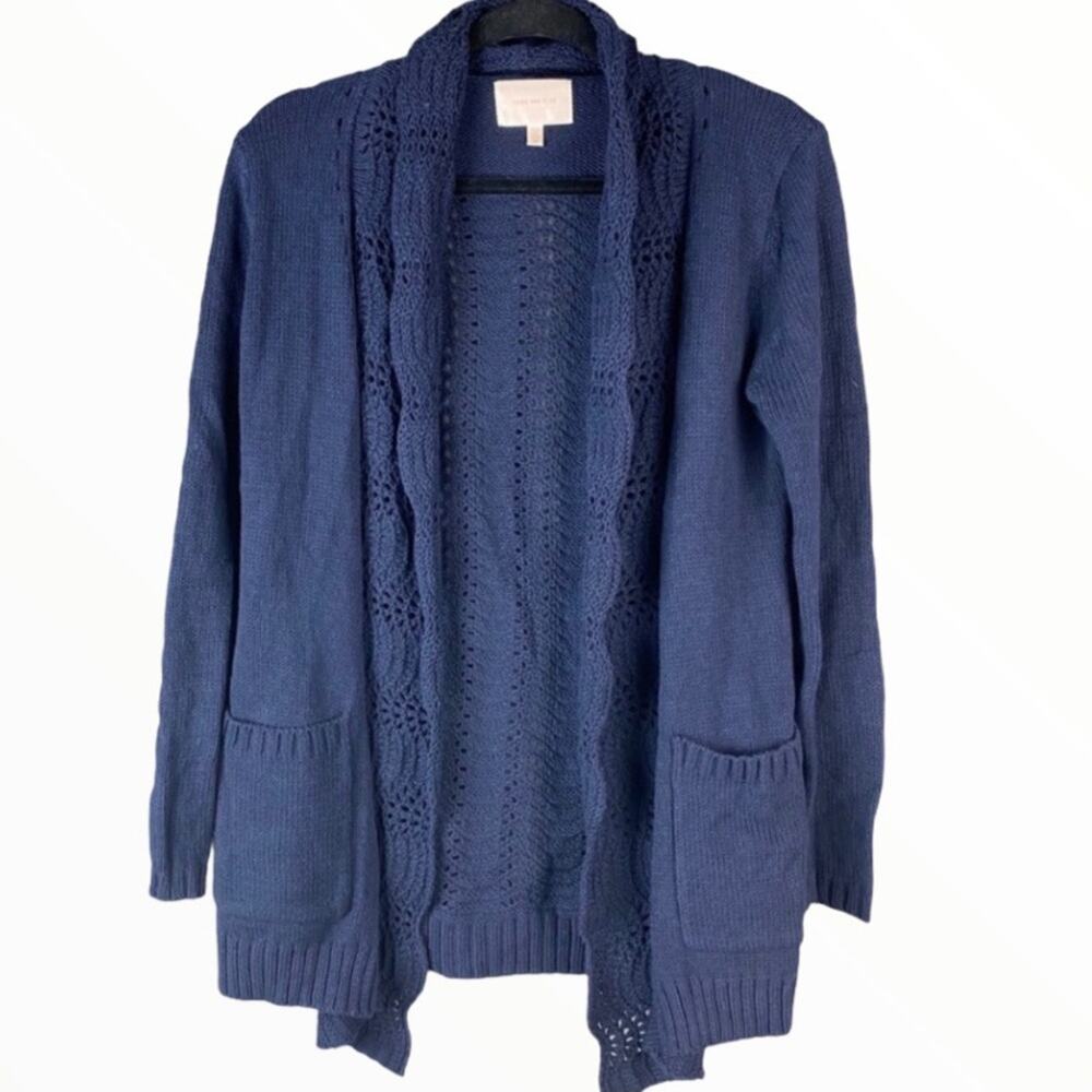 Skies Are Blue Waterfall Cardigan Sweater Crochet Wrap Pockets Navy Blue M